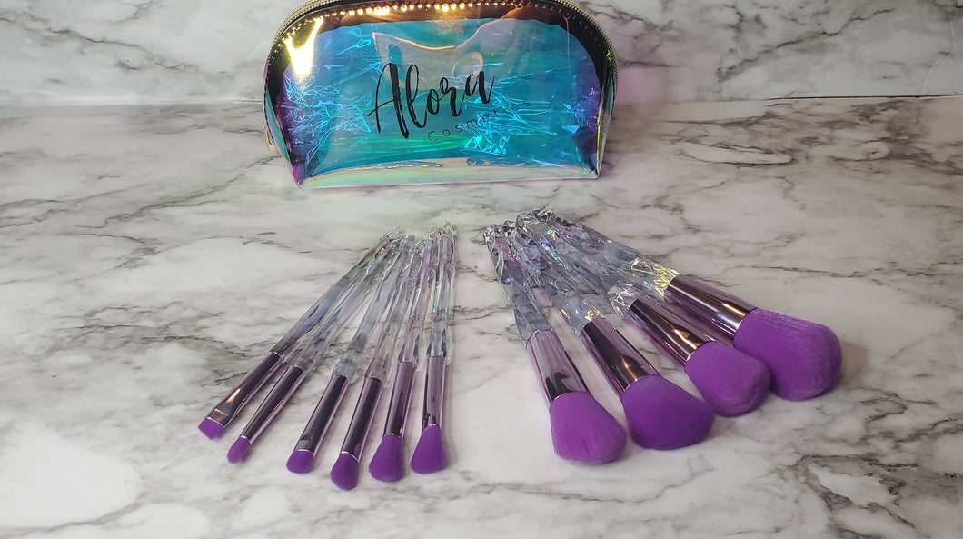 Purple 10 Pc Crystal Handle Makeup Brush Set No Makeup Bag