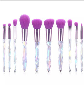Purple 10 Pc Crystal Handle Makeup Brush Set with makeup bag - AloraCosmetics  