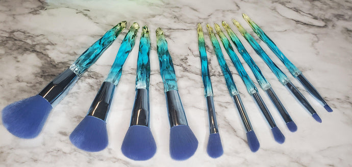 Blue 10 Pc Crystal Makeup Brush Set and Makeup bag - AloraCosmetics  