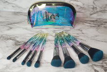 Load image into Gallery viewer, Ombre Pink Teal and Yellow 10 Pc Brush Set and Makeup bag - AloraCosmetics  
