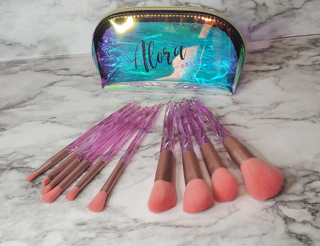 Pink 10 Pc Crystal Brush Set with makeup bag - AloraCosmetics  